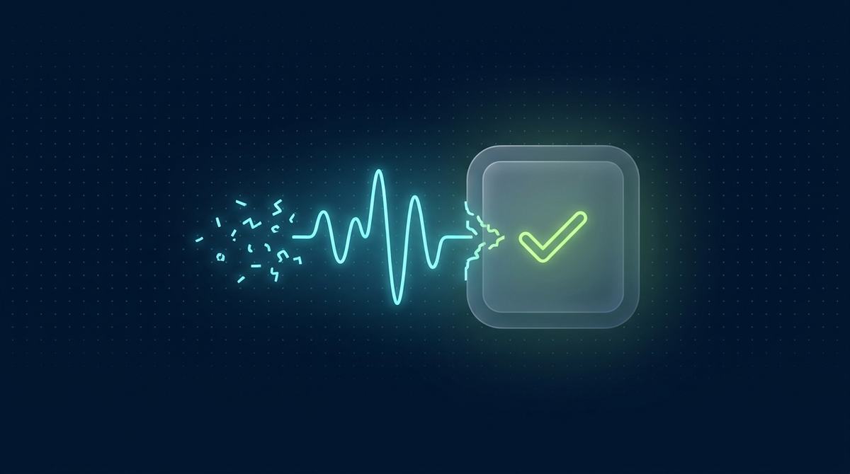 Editorial illustration on deep navy with a faint cyan dot grid: a translucent glassmorphic panel holds a central glowing cyan outline soundwave being converted into text characters, with a few of the characters rendered as faint, broken, dissolving outlines to represent transcription error, while a separate smaller lime-green panel beside it shows a clean, unbroken checkmark, representing the interview score staying intact despite the transcription noise.