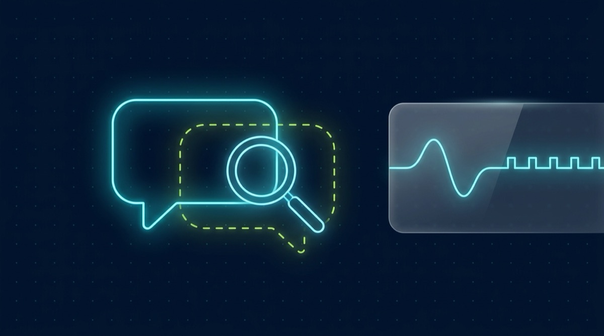 Editorial illustration on deep navy with a faint cyan dot grid: a glowing cyan outline speech-bubble icon sits on the left, overlaid by a second, fainter dashed lime-green outline speech-bubble slightly offset behind it like a ghosted duplicate; a minimal cyan magnifying-glass icon examines the seam where the two overlap, and a translucent glassmorphic panel on the right shows a simple waveform line that stays smooth across its left half and flattens into mechanical, evenly-spaced ticks across its right half.