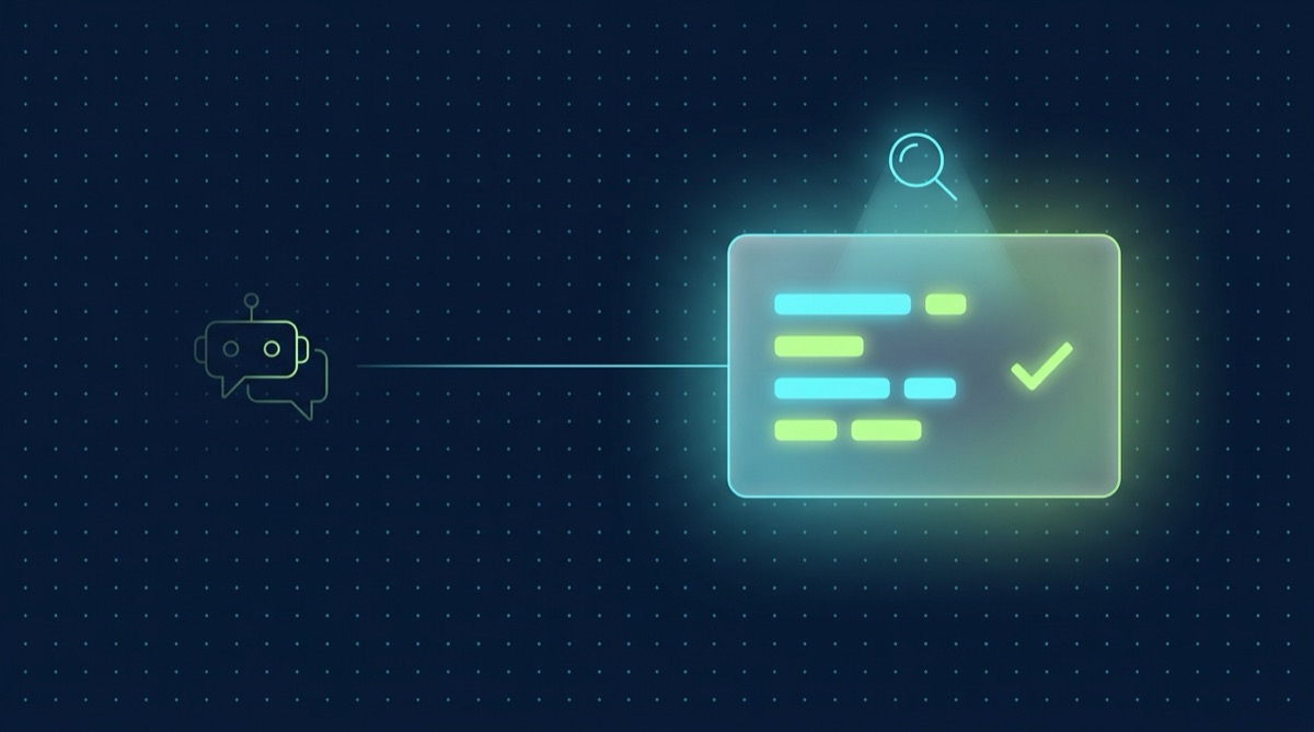 Editorial illustration on deep navy with a faint cyan dot grid: a small, dim, translucent lime-green outline chat-bubble icon sits inert on the left, connected by a thin cyan line to a fully lit glassmorphic panel on the right showing four short glowing checklist bars and a single checkmark, with a minimal cyan magnifying-glass icon hovering above — representing judgment of process being examined, not the tool itself.