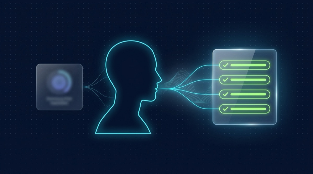 Editorial illustration on deep navy: a glowing cyan human silhouette in profile speaks toward a bright glassmorphic panel showing four fully lit lime-green checklist rows, connected by crisp cyan sound-wave lines. Behind the figure, a second, dimmer glassmorphic panel holds a single blurred, faint indicator with only weak, thin connecting lines — representing a vague first impression that isn't what's actually being scored.