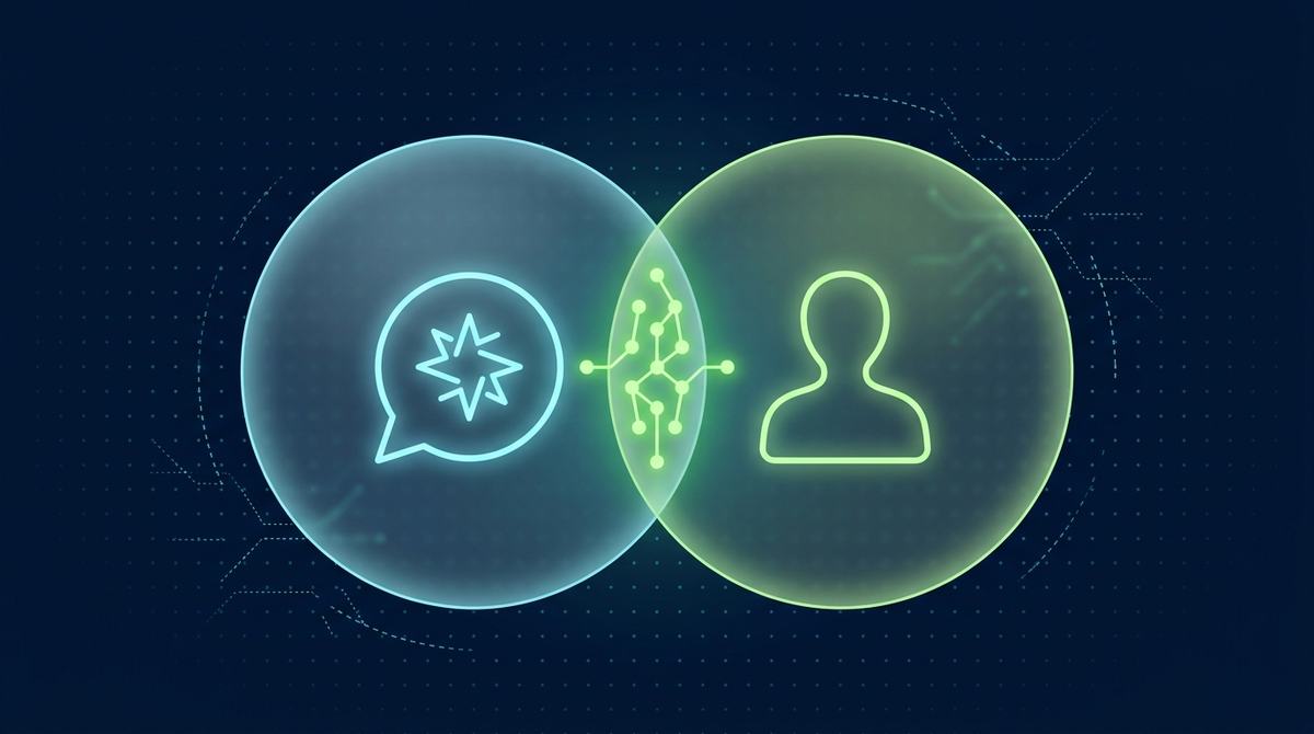 Editorial illustration on deep navy with a faint dot grid: two overlapping translucent glassmorphic circles. The left circle holds a glowing cyan outline chat-bubble icon with an abstract spark inside, representing an AI interviewer. The right circle holds a glowing lime-green outline human silhouette. In the overlapping middle, a brighter lime-green network of connected nodes bridges the two, representing the skills that transfer between AI practice and a real interview; faint dotted cyan fragments on the outer edges represent the skills that don't.