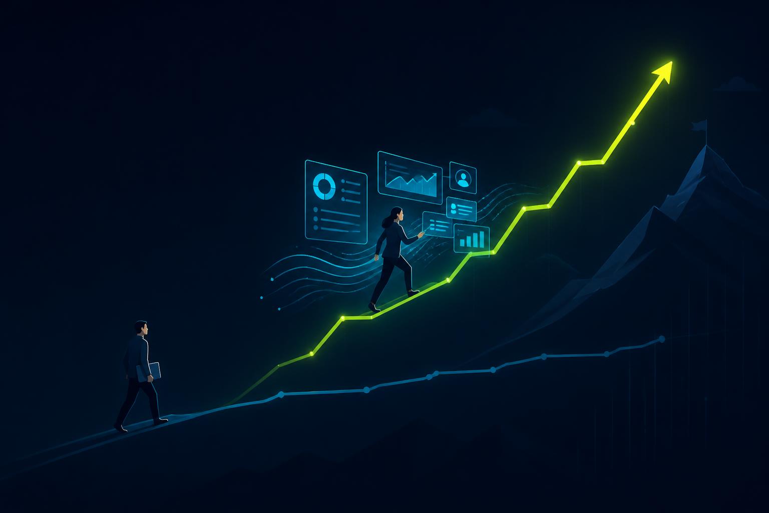 Editorial illustration on deep navy: two professionals climb the same career path — one walks alone with a laptop while the other, working alongside glowing cyan AI interface panels, advances far higher along a rising cyber-green line.