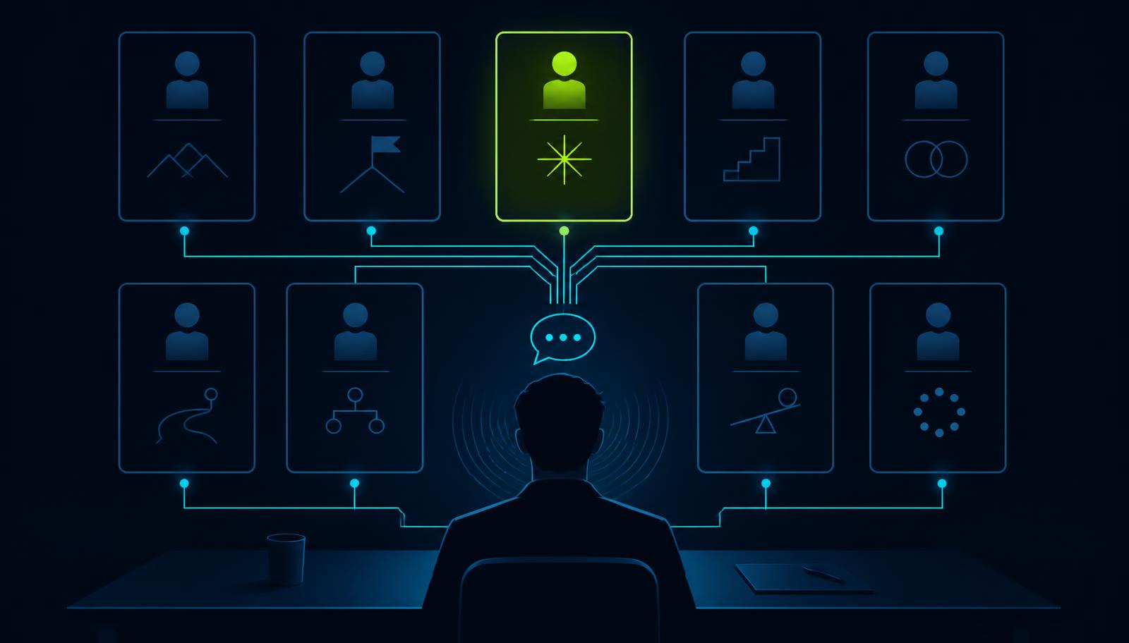 Editorial illustration on deep navy: a candidate seated before a grid of glowing interview question cards, one highlighted in cyber-green, with cyan lines connecting the cards to a single spoken answer.