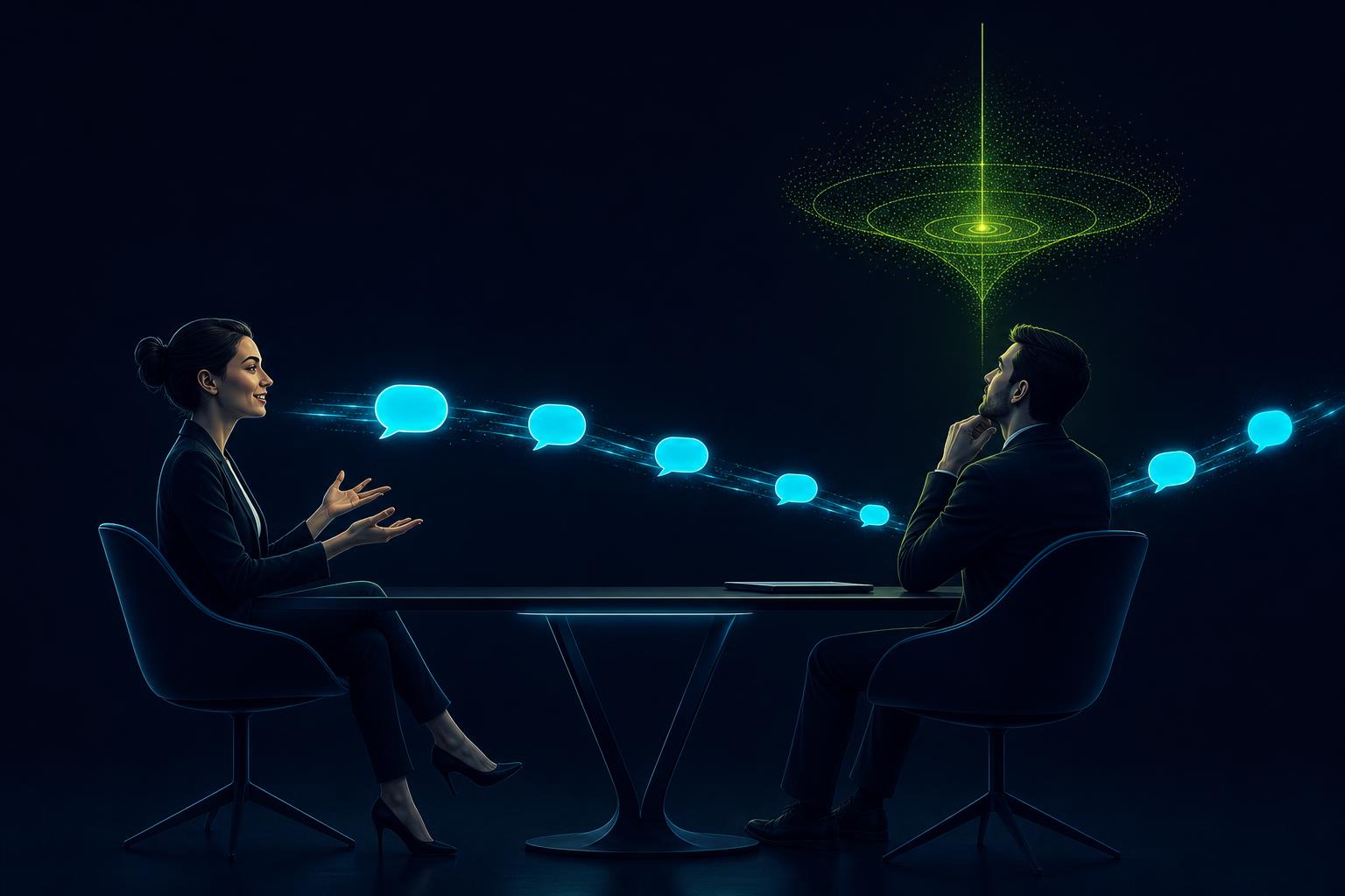 Editorial illustration on deep navy: a candidate answers confidently while cyan speech bubbles travel past the interviewer instead of connecting with them, and the interviewer looks at a different invisible question hovering above the table in cyber green.
