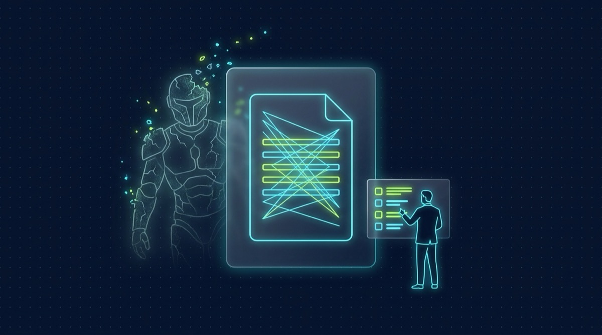 Editorial illustration on deep navy: a cracked, dissolving robotic gatekeeper figure fades on the left as a resume document is scanned by crossing cyan and lime-green light-lines inside a glassmorphic panel, while a human silhouette reviews a shortlist on a second panel to the right.
