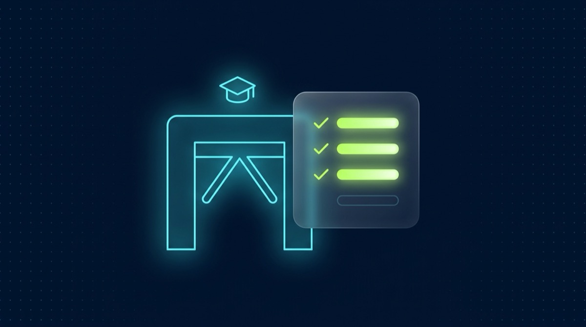 Editorial illustration on deep navy with a faint cyan dot grid: a glowing cyan outline turnstile gate sits at center-left beneath a small glowing graduation-cap icon, and a translucent glassmorphic panel on the right shows a vertical checklist of four bars — the top three glow bright lime-green with checkmarks beside them, while the bottom bar stays dim and unlit, visually marked as the one unresolved item.