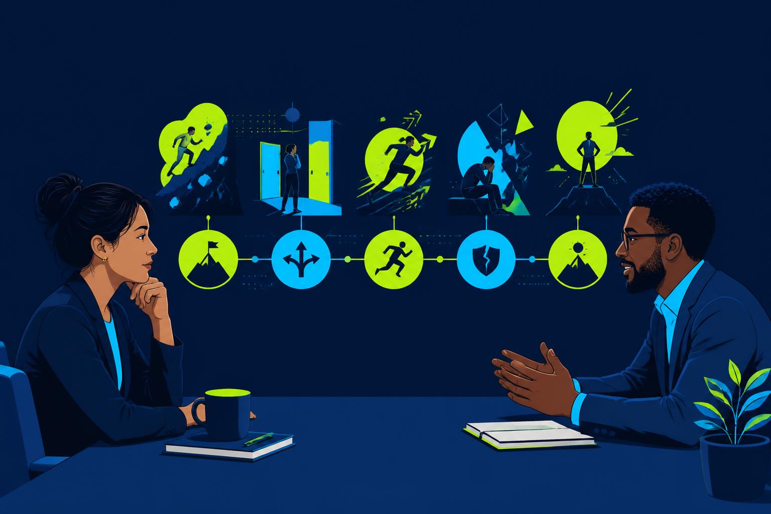 Editorial illustration on deep navy: a thoughtful young candidate sits across from an engaged interviewer while a timeline of professional moments — challenge, decision, action, failure and outcome — unfolds between them in cyber green and cyan.