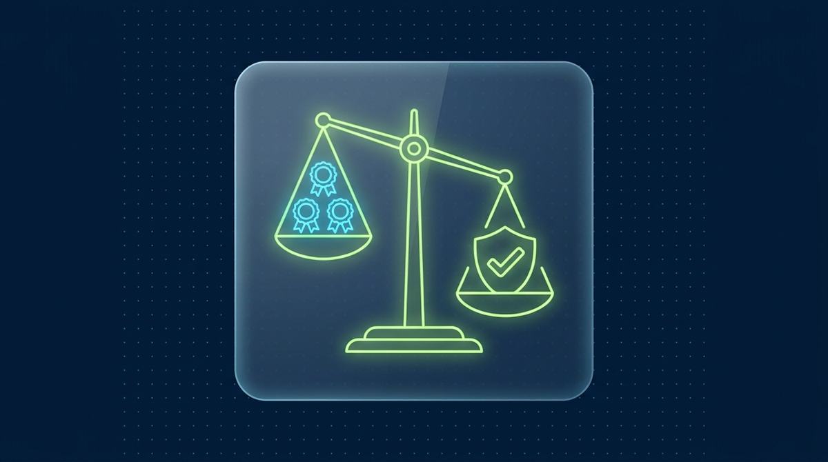 Editorial illustration on deep navy with a faint cyan dot grid: a translucent glassmorphic panel holds a glowing lime-green outline balance scale. The left pan, raised high, holds three small flat cyan outline certificate-ribbon badge icons. The right pan, pulled down low and visibly heavier, holds a single larger glowing lime-green icon of a checkmark inside a shield — representing one real, hard-to-fake signal outweighing a stack of easy-to-obtain certificates.