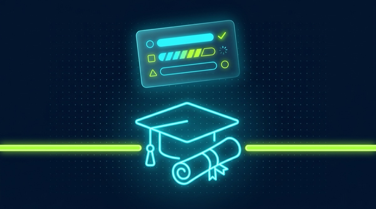 Editorial illustration on deep navy: a glowing cyan graduation cap and diploma rest on a bright lime-green horizontal threshold line spanning the frame. Above the line, a translucent glassmorphic panel floats showing evaluation rows in cyan and lime-green — representing a further stage of assessment that begins only after the academic credential clears the gate.