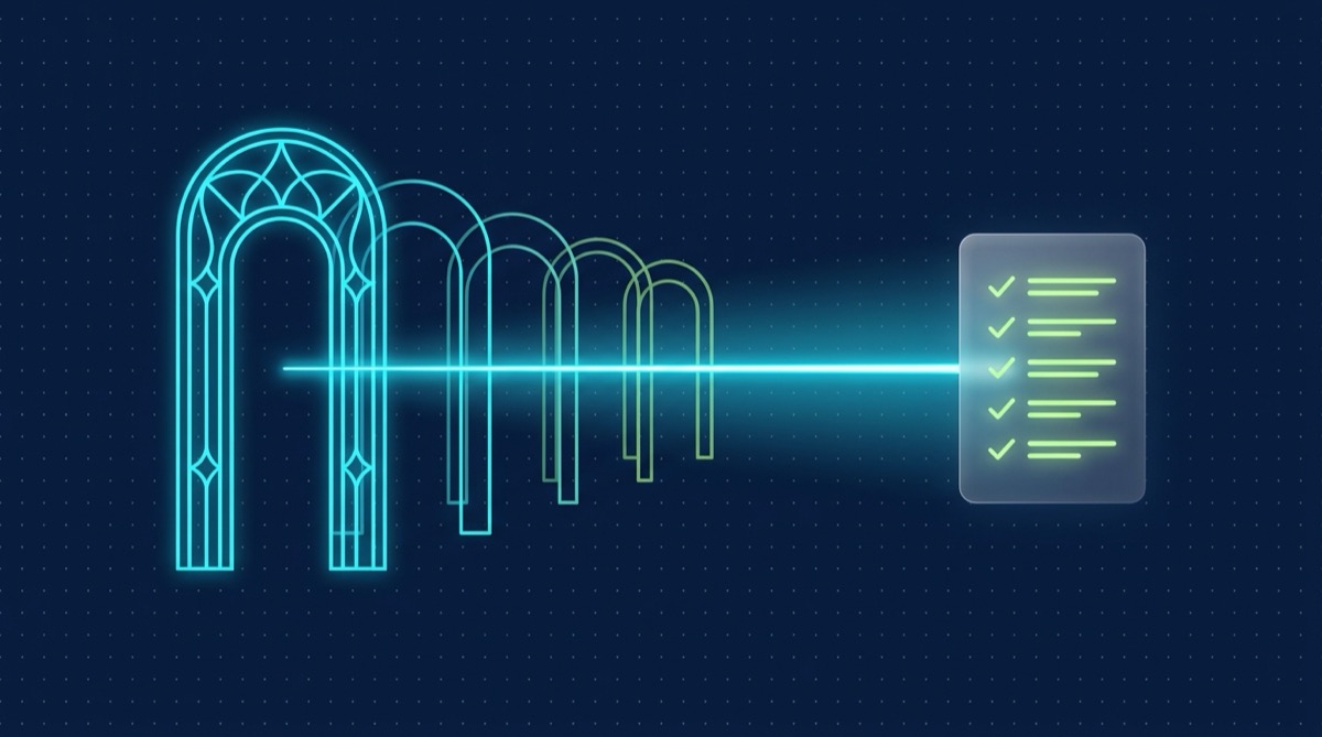 Editorial illustration on deep navy: a receding row of five glowing outline archways of decreasing height and ornamentation (the tallest, most ornate arch in front, plainer smaller ones behind), with a single bright cyan light beam passing through all five at once to converge on a translucent glassmorphic panel showing a lit lime-green checklist rubric — representing a credential that decides which door opens first, not what a rubric-scored round evaluates once you're through it.