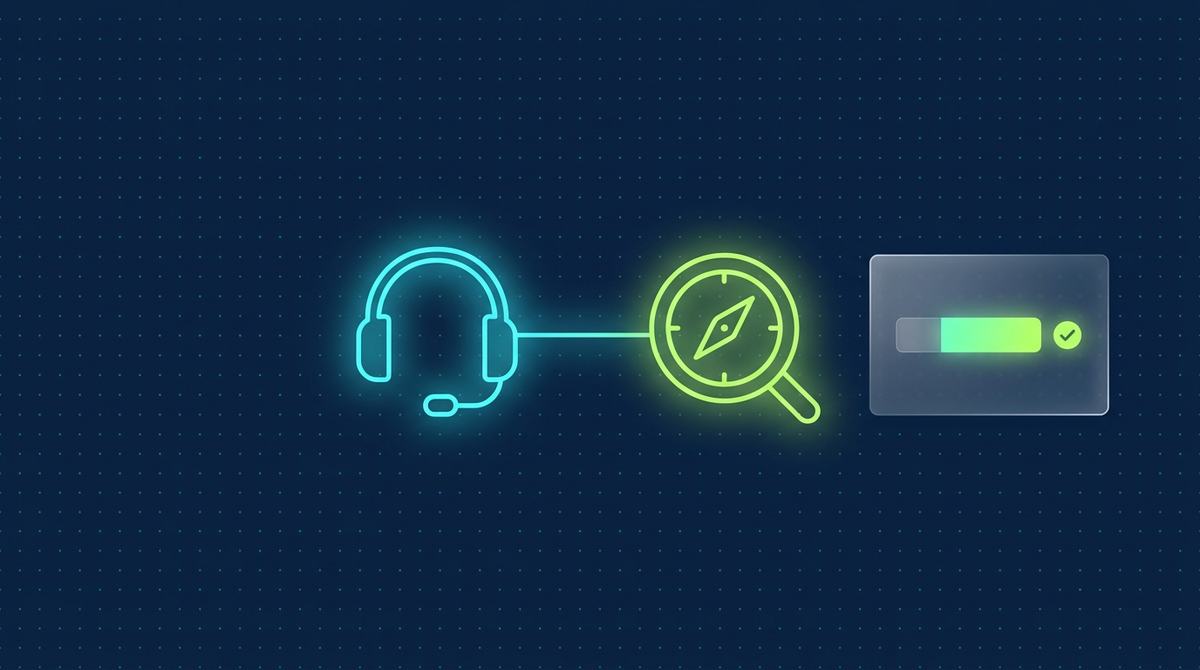 Editorial illustration on deep navy with a faint cyan dot grid: a glowing cyan outline headset is connected by a thin glowing line to a glowing lime-green outline compass and magnifying-glass icon, and a translucent glassmorphic panel on the right shows a horizontal bar meter where a small dim, unlit segment sits beside a larger glowing lime-green segment marked with a checkmark — a visual contrast between surface performance and genuine diagnosis.