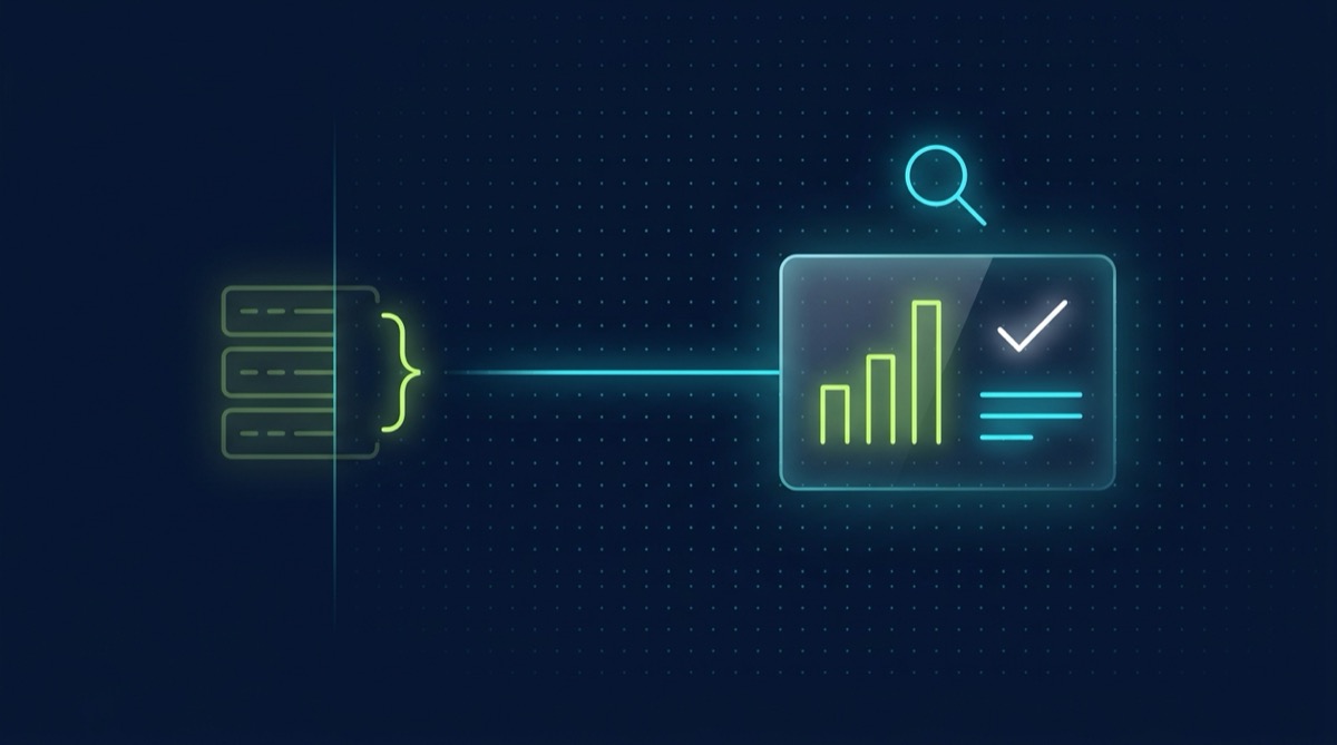 Editorial illustration on deep navy with a faint cyan dot grid: a dim, translucent lime-green outline icon of stacked database rows with a glowing bracket sits on the left, connected by a thin cyan line to a fully lit glassmorphic panel on the right showing a rising lime-green bar chart, a checkmark, and two short glowing summary lines, with a minimal cyan magnifying-glass icon hovering above — representing a correct query only counting once it becomes a judged business insight.