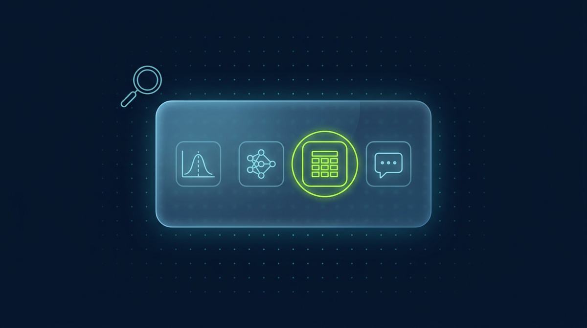 Editorial illustration on deep navy with a faint cyan dot grid: a translucent glassmorphic panel floats right of center holding four small square outline icon-tiles in a row — a bell-curve icon, a neural-network node icon, a database grid icon, and a speech-bubble icon. Three tiles glow dim cyan; the database grid tile glows brighter lime-green with a thin highlight ring around it, isolating it from the other three, representing one evaluation area being scored independently of the rest. A small glowing cyan outline magnifying glass sits near the upper-left.