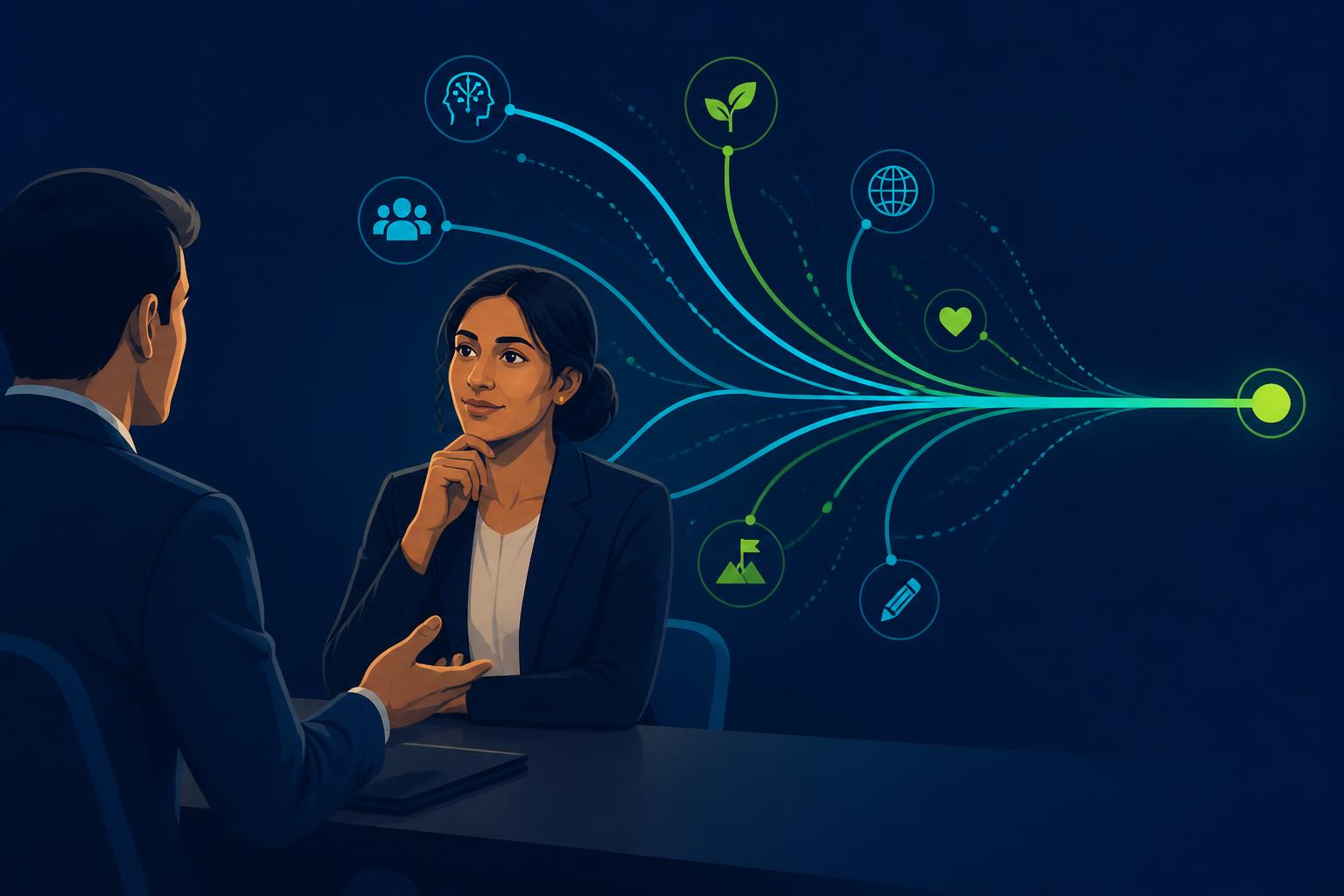Editorial illustration on deep navy: a composed candidate pauses to think during an interview while translucent cyber green and cyan pathways branch from the question and resolve into one clear structured route.