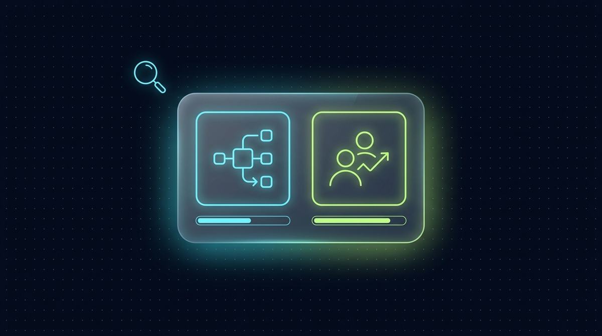 Editorial illustration on deep navy with a faint cyan dot grid: two glowing outline icon-tiles sit side by side on a translucent glassmorphic panel — the left tile holds a cyan architecture/system-diagram icon with a small meter bar beneath it, the right tile holds a lime-green people/leadership icon with its own separate meter bar beneath it, the two meters deliberately unconnected rather than merged into one, representing two scores that don’t average together. A small glowing cyan outline magnifying glass sits near the upper-left.