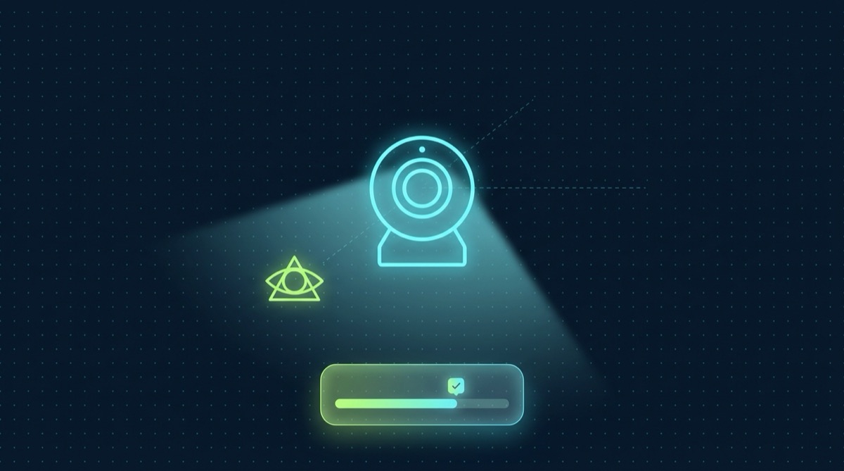 Editorial illustration on deep navy with a faint cyan dot grid: a glowing cyan outline webcam lens at the center emits a soft cone of light; a minimal lime-green glowing eye-outline icon sits just outside the cone's direct centerline, with a faint dashed cyan guideline marking where direct gaze would fall, and a translucent glassmorphic panel in the lower third shows a simple evaluation meter with a checkmark.