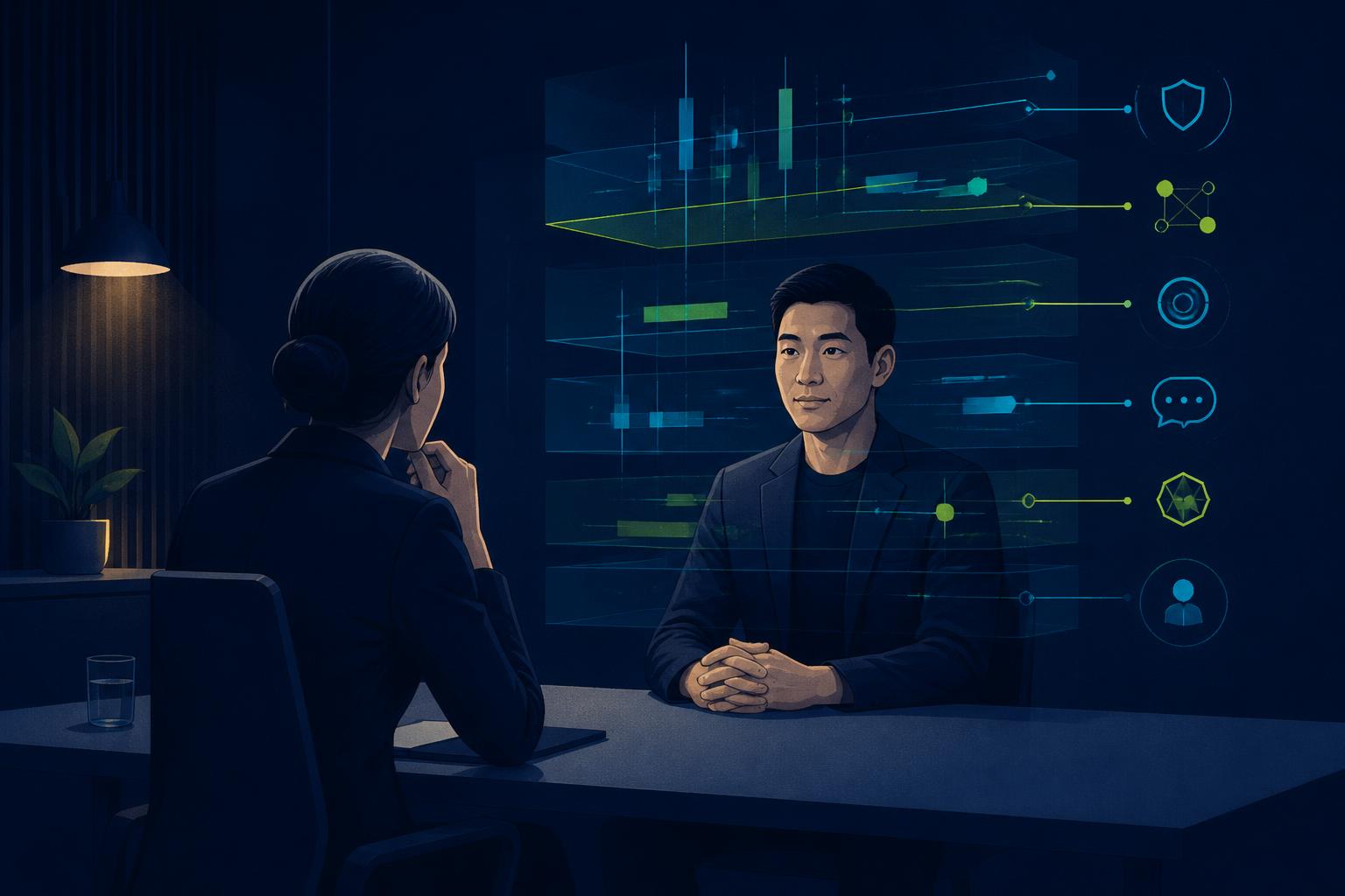 Editorial illustration on deep navy: a candidate answers confidently across a table while a thoughtful interviewer listens, with translucent layered panels in cyber green and cyan representing the hidden signals being evaluated — credibility, judgment, ownership, communication and adaptability.