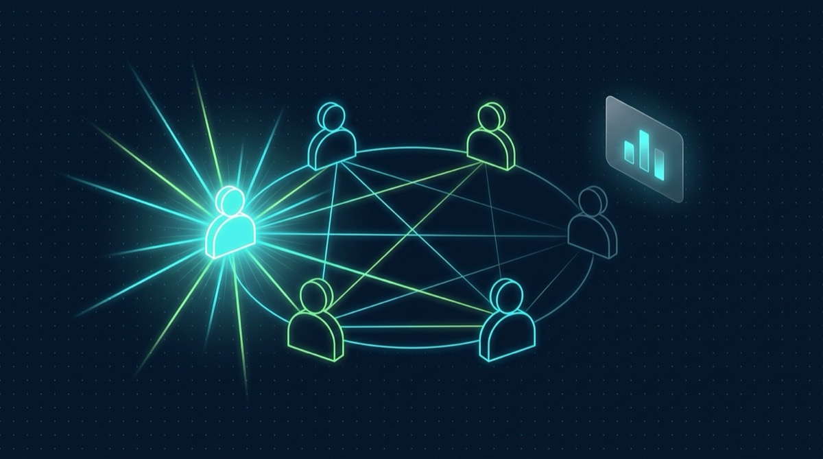 Editorial illustration on deep navy: six glowing outline human figures sit in a circle linked by a web of thin cyan and lime-green light-lines, but one figure on the left blazes far brighter with dozens of radiating connections while an equally sharp, well-defined figure across the circle stays dim and thinly linked; a glassmorphic panel to the right displays a small bar-chart icon.