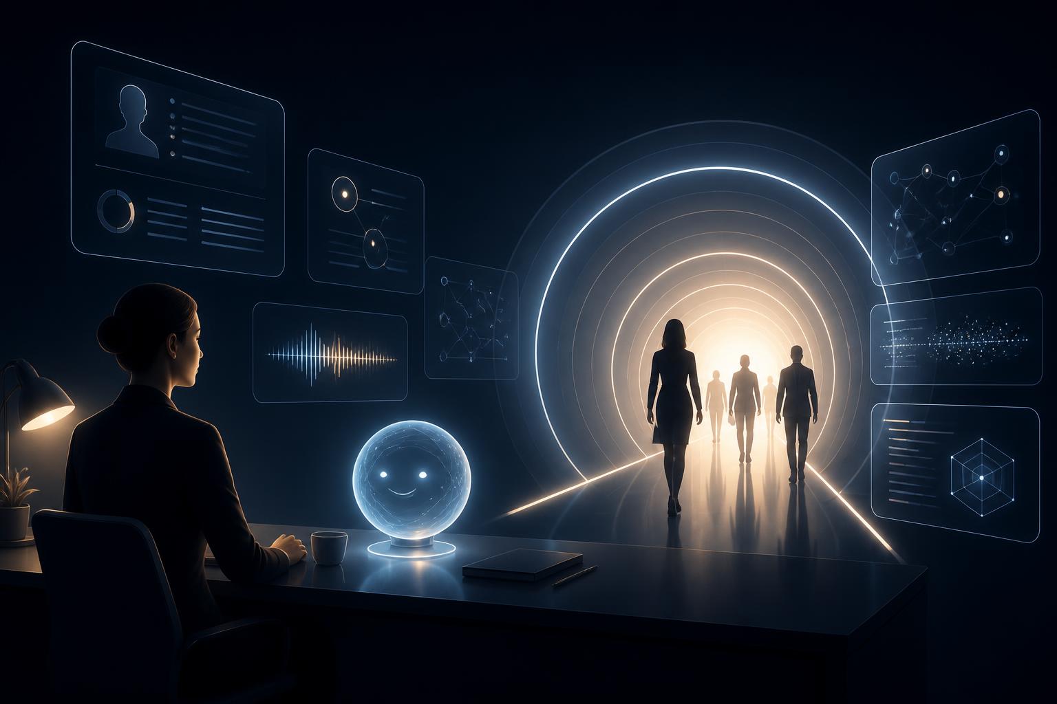 A recruiter at a sleek desk beside a glowing translucent AI assistant orb, with silhouetted candidates walking through a softly glowing evaluation tunnel while floating holographic panels analyze resumes, communication and problem-solving.