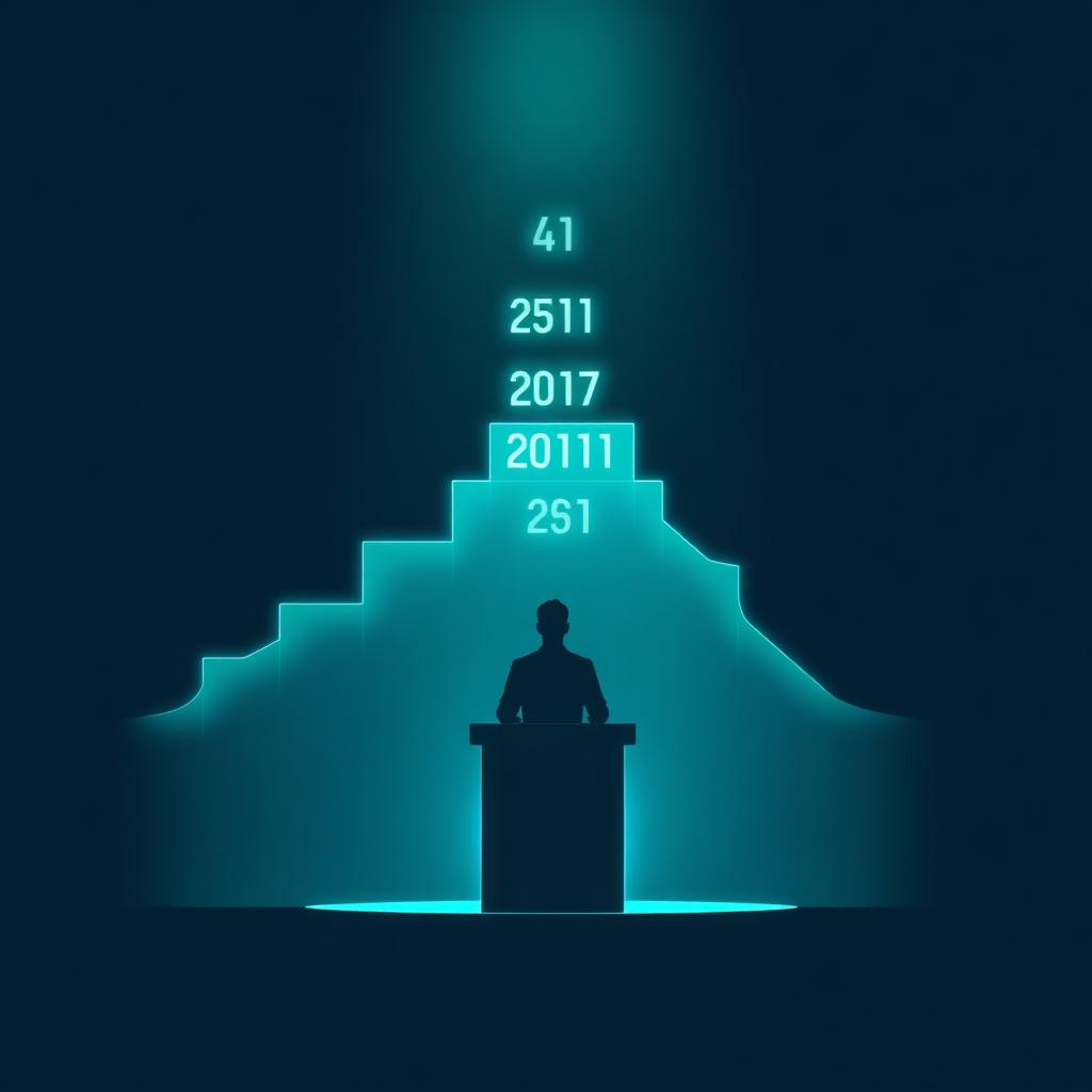 A silhouetted candidate practicing at a glowing interview podium with translucent holographic repetition marks stacked in the air behind them, ascending toward a bright cyber-green summit on a deep navy background.