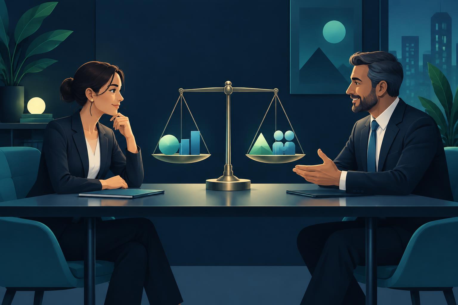 Editorial illustration of a professional candidate and hiring manager discussing salary across a table, with a balanced scale representing market value, role scope and expectations.