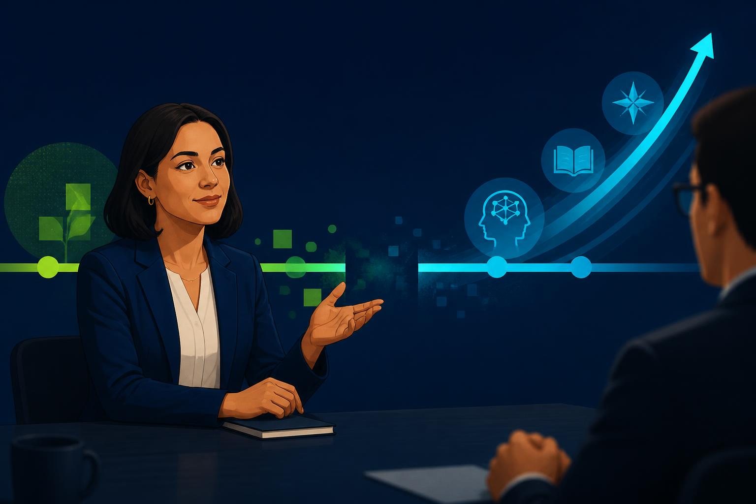 Editorial illustration on deep navy: a composed candidate calmly explains their career journey while a cyber green and cyan timeline shows a visible gap that transitions into a forward-moving upward path.