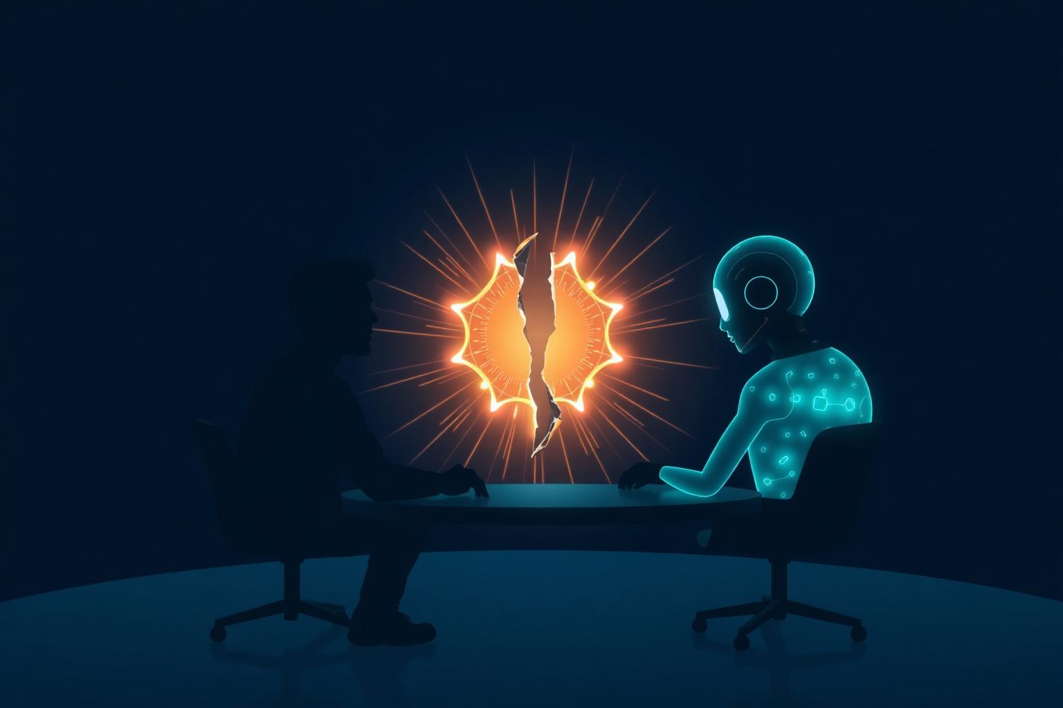 A silhouetted candidate seated across from a glowing translucent AI interviewer, with a cracked star-shaped script fracturing between them on a deep navy background.