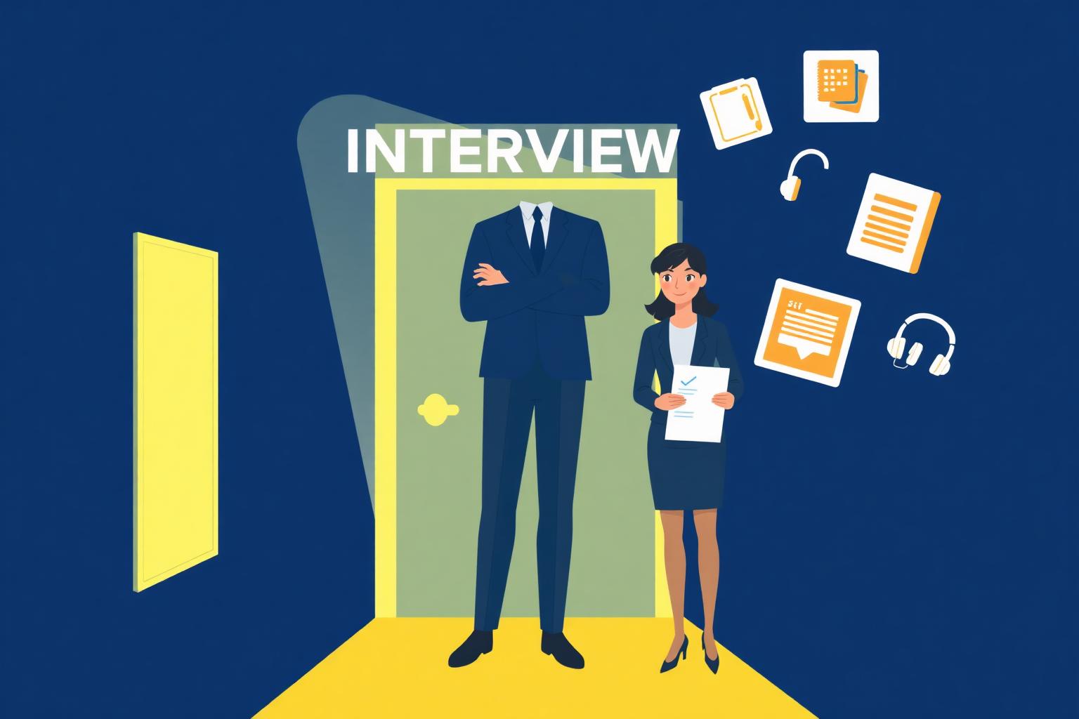 A confident candidate standing before a glowing INTERVIEW doorway, holding a checklist with floating icons of a resume, calendar, notebook and headset.