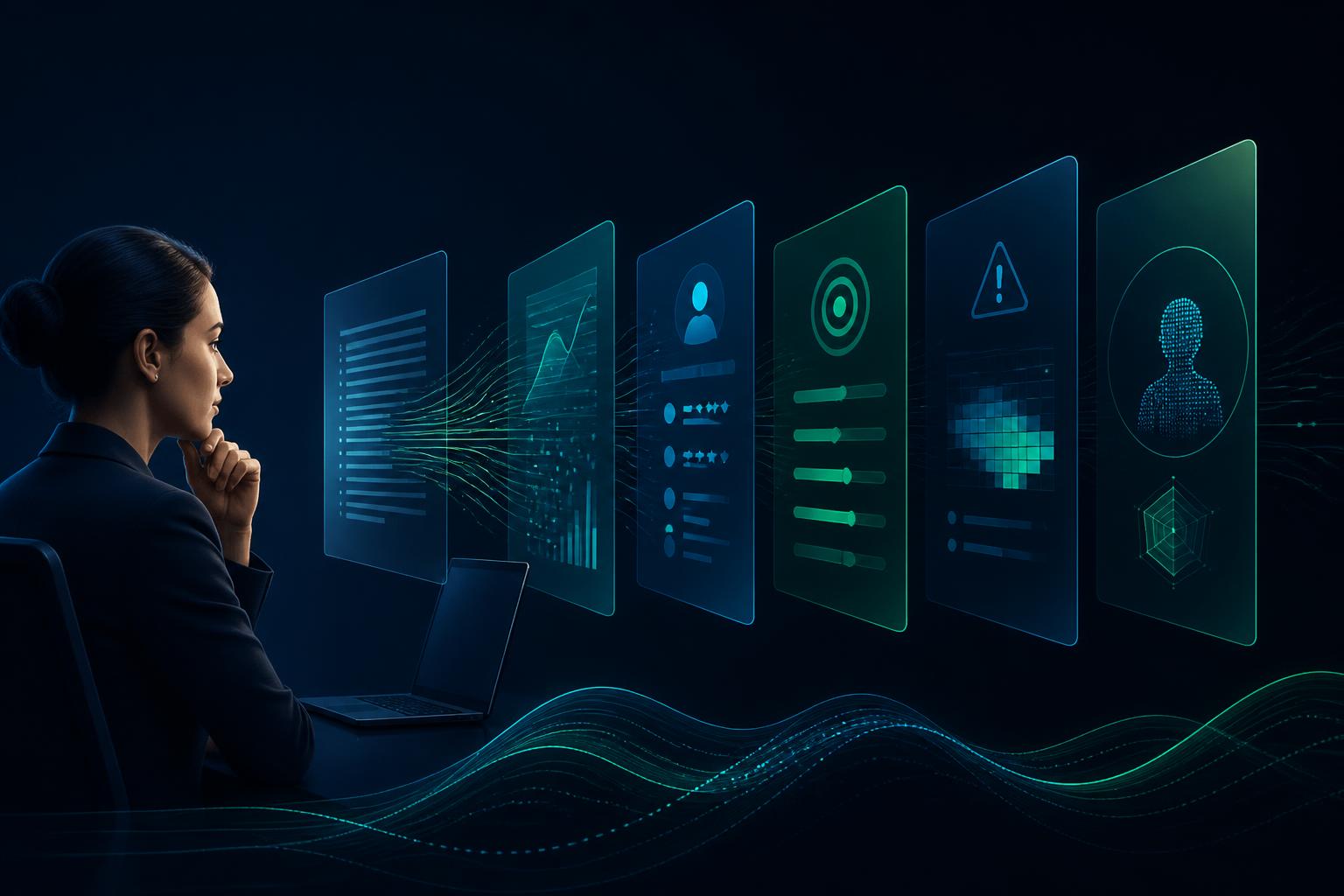 Editorial illustration on deep navy: a professional studies a job description on screen while its text separates into layered panels of signals, evidence, priorities, risks and fit in cyber green and cyan.