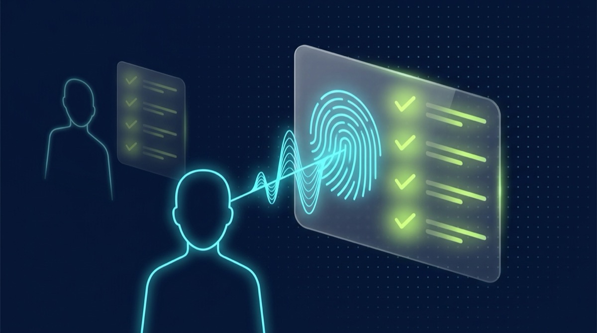 Editorial illustration on deep navy: a glowing cyan human silhouette in the foreground connects through a bright fingerprint-like resonance pattern directly into a glassmorphic panel showing a checklist of glowing lime-green checkmarks, while a second, dimmer outline figure stands further back, unconnected to the same panel.