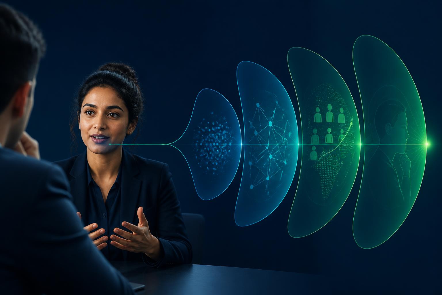 Editorial illustration on deep navy: a composed candidate speaking in an interview while a single conversational thread expands into layers of evidence, reasoning, impact and reflection in cyber green and cyan.