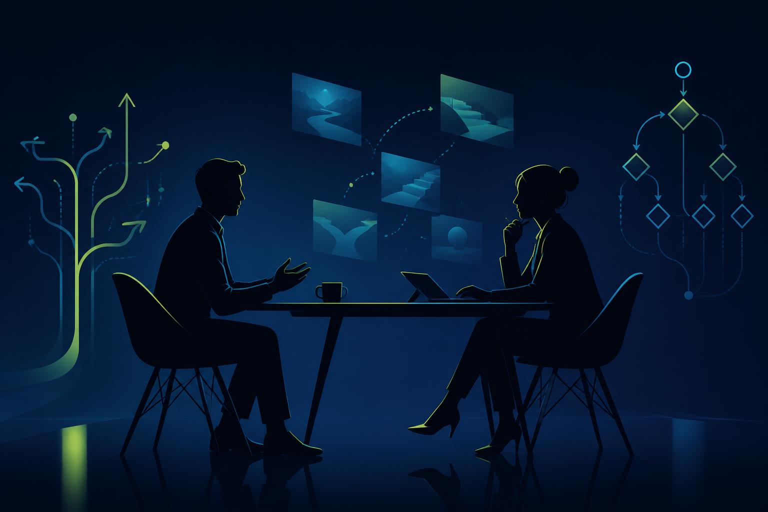 Editorial illustration on deep navy: a candidate and an interviewer seated across a minimal table as silhouettes, surrounded by branching paths, shifting scenario cards and a decision flowchart in lime and cyan.