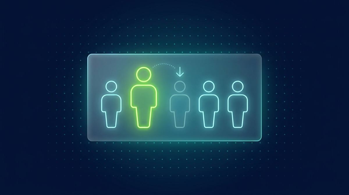 Editorial illustration on deep navy with a faint cyan dot grid: a translucent glassmorphic panel holds a horizontal row of five simple glowing outline figures representing candidates in a queue. The second figure glows bright lime-green (a strong candidate), and the third figure directly after it glows a dimmer, desaturated cyan with a faint downward arrow beside it, representing a contrast-effect score penalty. A subtle curved dotted line connects the second and third figures to show the sequential influence.