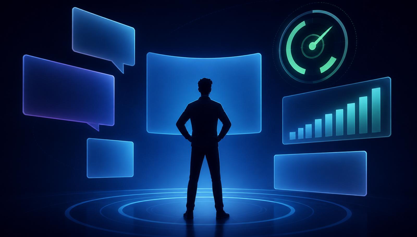 A confident silhouetted candidate standing in a futuristic training space on a deep navy background, surrounded by glowing translucent speech bubbles, a cyber-green confidence gauge, and rising progress bars.