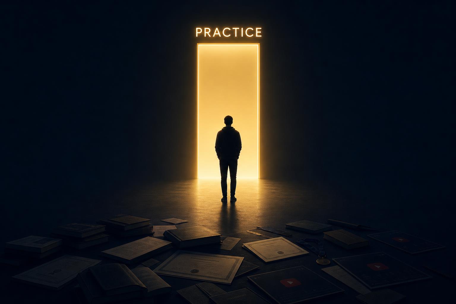 A silhouetted candidate standing before a glowing doorway labelled PRACTICE, with books, certificates and video thumbnails scattered on the floor behind them.