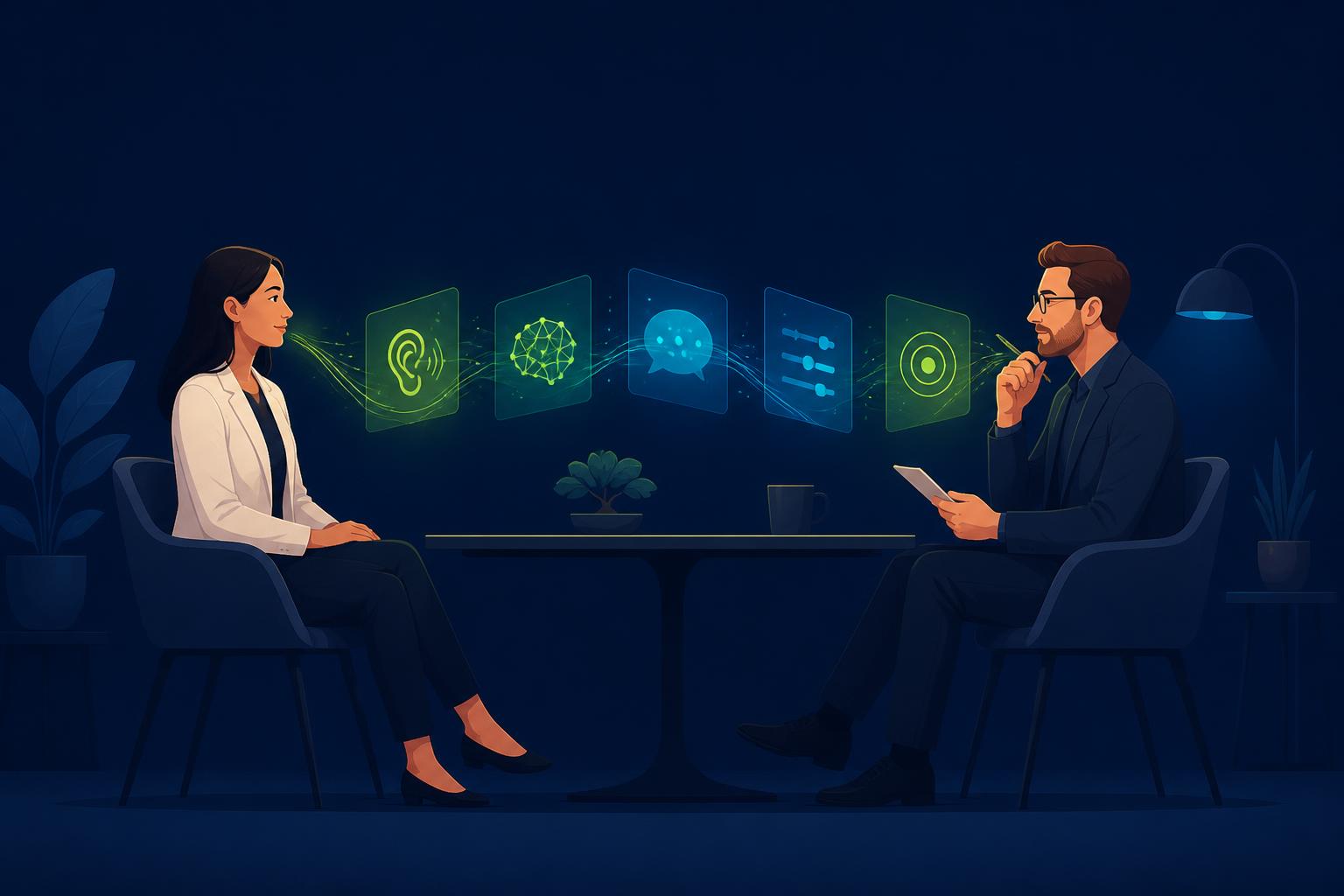 Editorial illustration on deep navy: a calm, attentive candidate sits across from a curious interviewer while a flowing chain of translucent cyber green and cyan panels between them represents listening, thinking, responding, adapting and closing.