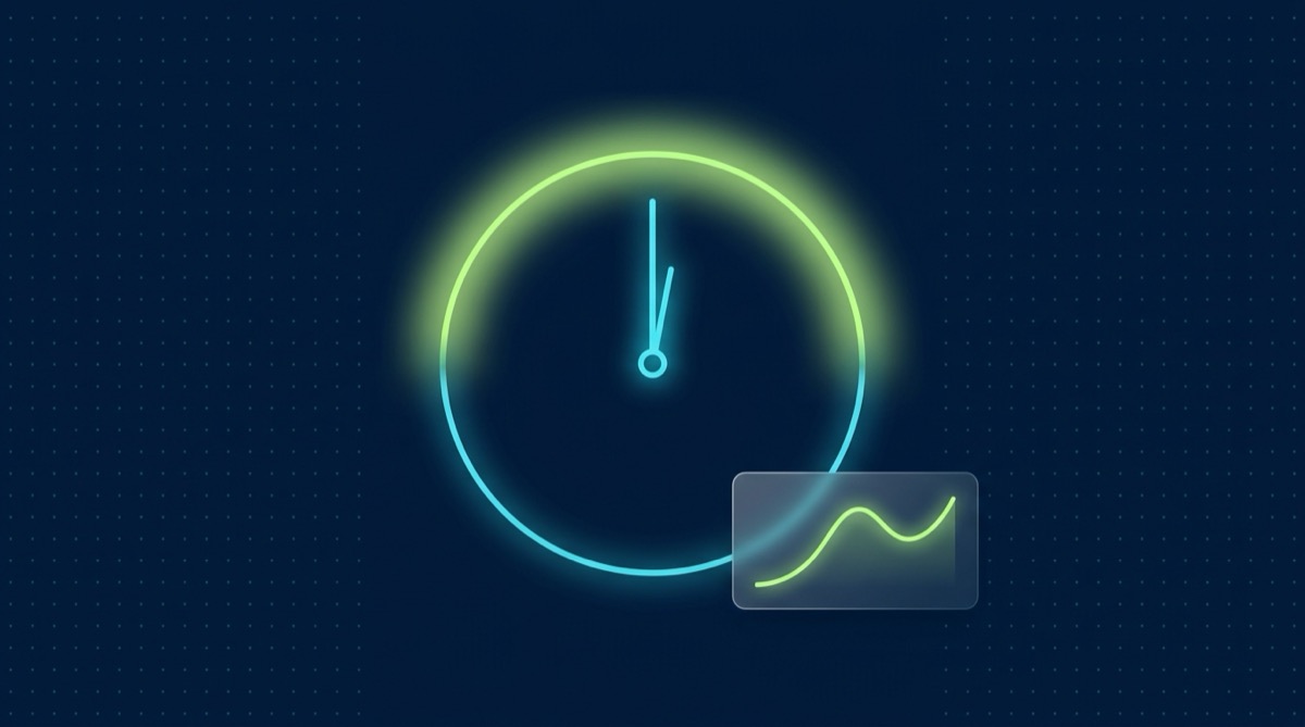 Editorial illustration on deep navy with a faint cyan dot grid: a glowing cyan outline clock face with its hands pointing straight up to twelve, the upper half of the dial lit in a soft lime-green glow representing late morning and midday, fading to a dim, unlit cyan outline on the lower half representing early morning and late afternoon, beside a translucent glassmorphic panel showing a simple rising-and-falling performance curve in glowing lime-green.