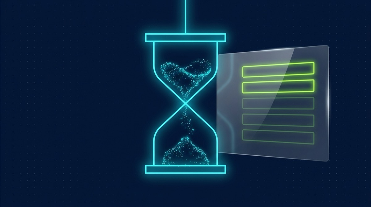 Editorial illustration on deep navy: a glowing cyan hourglass with sand paused mid-fall, beside a translucent glassmorphic panel showing a five-row checklist where only two lime-green rows are lit and filled solid — the rest still faint, unlit outlines — representing a hiring judgment that forms gradually rather than being decided in an instant.