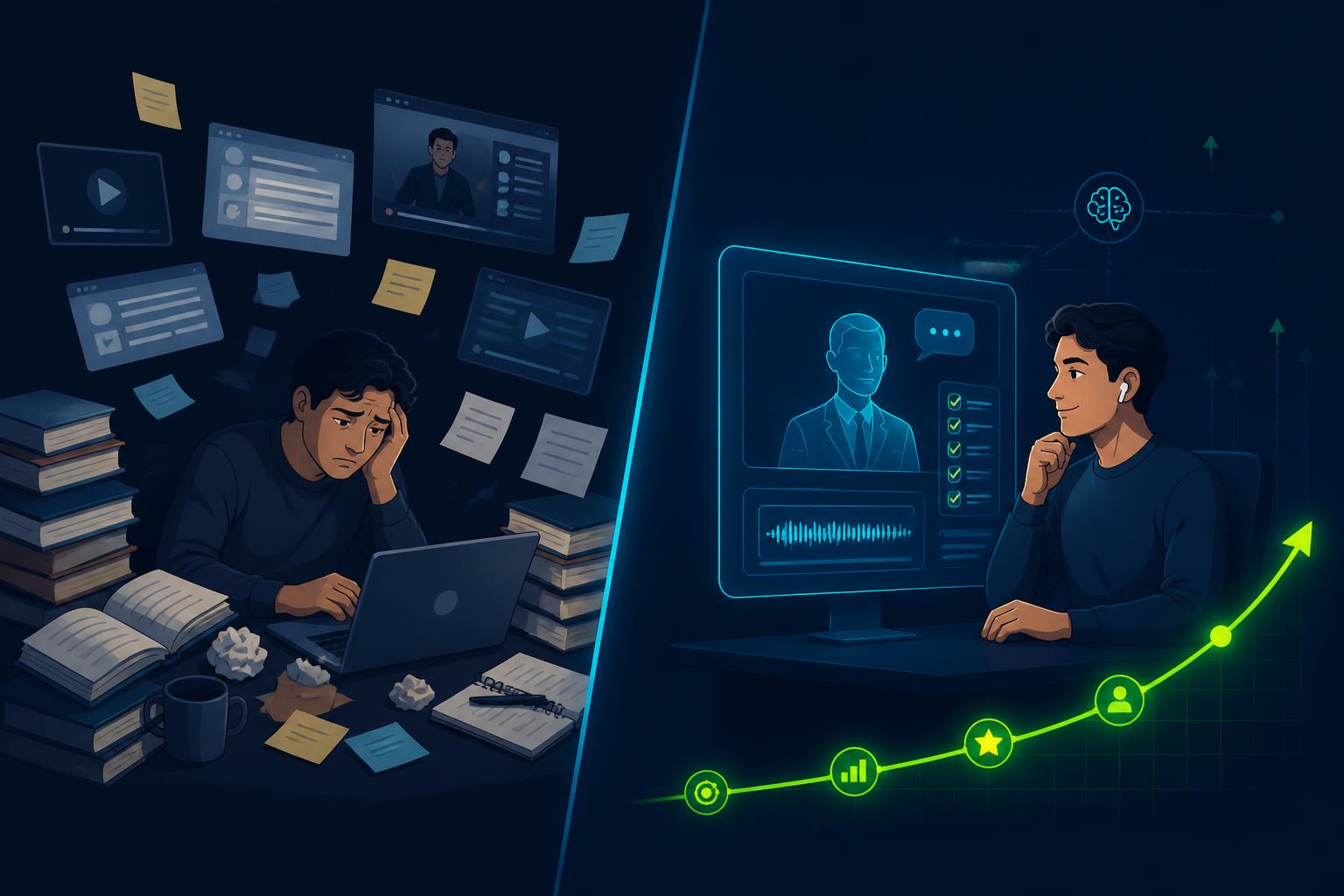 Split-screen editorial illustration on deep navy: on the left a professional sits overwhelmed by books, courses, videos and notes; on the right the same person confidently completes AI interview reps as a cyber-green progress line rises.