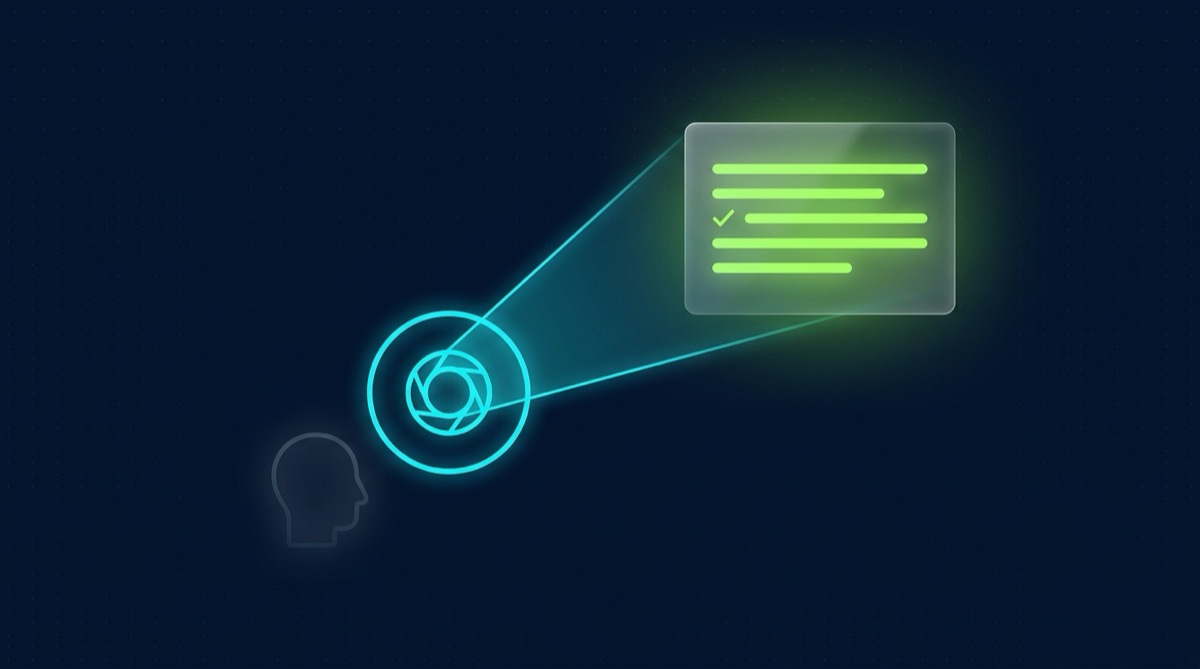 Editorial illustration on deep navy: a glowing cyan outline webcam-lens ring emits a crisp light beam that bypasses a small, dim, deactivated abstract human-head silhouette (powered down, featureless) and instead converges on a translucent glassmorphic panel fully lit in lime-green, displaying five neat transcript-style text-line bars with one line marked by a small checkmark — representing a shift from analyzing your face to analyzing your words.