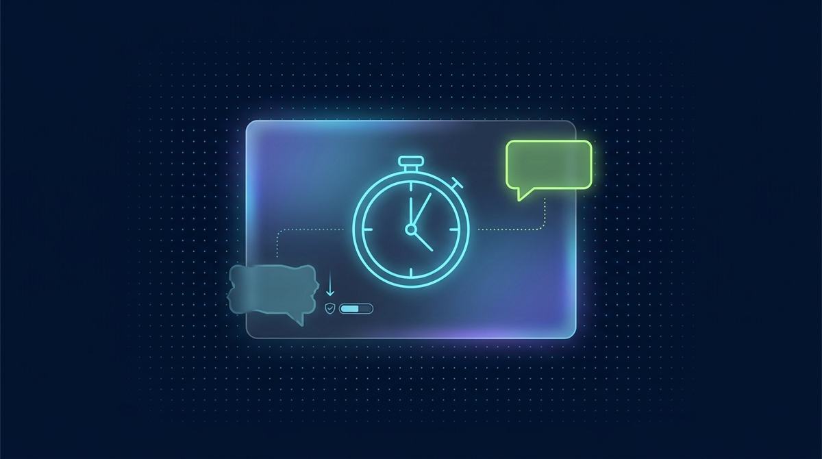 Editorial illustration on deep navy with a faint cyan dot grid: a translucent glassmorphic panel holds a central glowing cyan outline stopwatch. A clean lime-green speech bubble emerges instantly from one side, representing a fast, honest-sounding answer. A second speech bubble on the other side is dim, desaturated cyan and faintly fractured, with a small downward arrow and trust-meter icon beside it, representing a delayed answer read as less sincere.