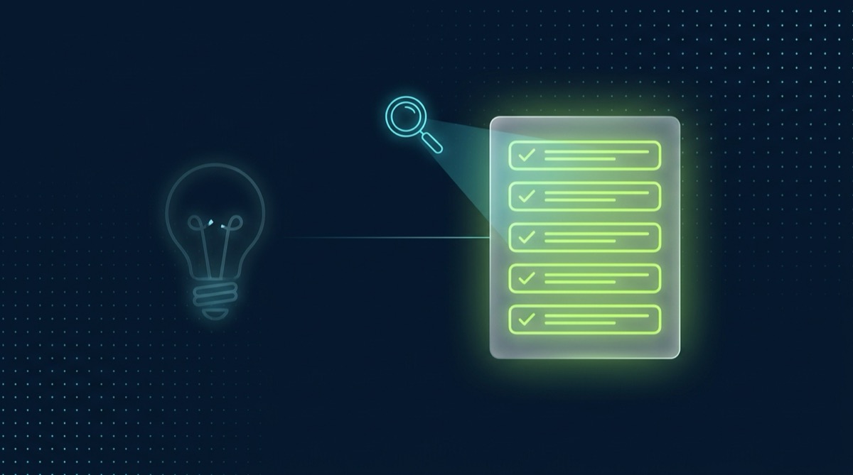 Editorial illustration on deep navy: a dim, translucent cyan outline lightbulb sits off to one side, powered down. At the center, a fully lit lime-green glassmorphic rubric panel displays five checklist rows, each with a small checkmark, with a thin cyan line connecting a minimal magnifying-glass icon to the panel — representing scrutiny of a repeatable process rather than the brightness of any single idea.