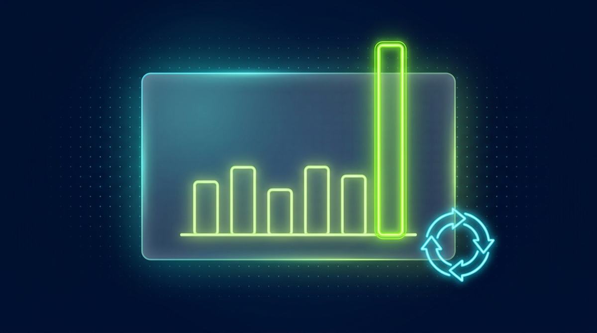 Editorial illustration on deep navy with a faint cyan dot grid: a translucent glassmorphic panel holds a glowing lime-green bar chart rising unevenly across five short bars of different heights, representing how much deliberate practice explains performance across different domains. A single cyan outline figure stands beside a repeating looped arrow (practice → feedback → improvement), with one bar glowing brighter than the rest to represent the narrow, well-structured case that works.