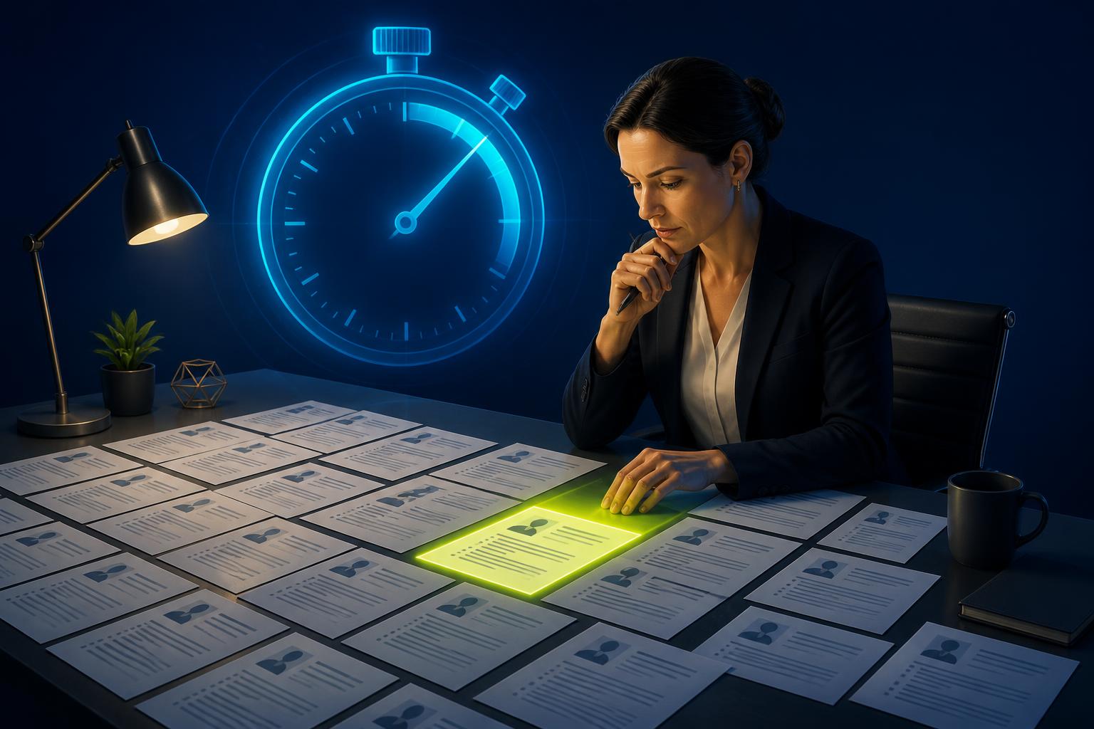 Editorial illustration on deep navy: a recruiter at a modern desk scanning dozens of resumes spread across the table, with one page glowing cyber-green for its clarity and a translucent cyan stopwatch in the background marking a 90-second window.