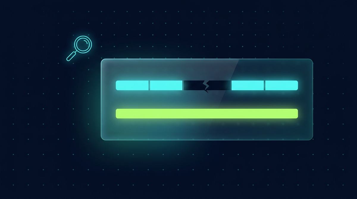 Editorial illustration on deep navy with a faint cyan dot grid: a translucent glassmorphic panel holds two stacked horizontal timeline bars. The top bar is glowing cyan, broken by a dark cracked gap in the middle representing a visible resume employment gap. The bottom bar is one continuous, unbroken glowing lime-green bar of the same total length, representing the same experience reformatted so the gap is no longer visually obvious. A small glowing cyan outline magnifying glass sits near the upper-left.