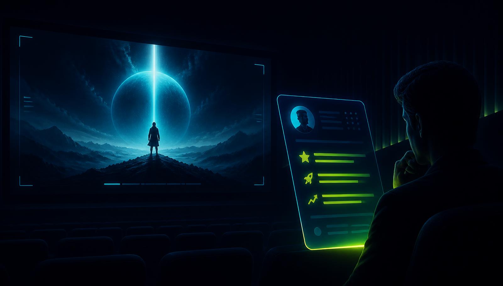 A glowing cinema screen showing a dramatic trailer beside a recruiter reviewing a beautifully designed resume with highlighted achievements, rendered in deep navy with cyber-green and cyan accents.