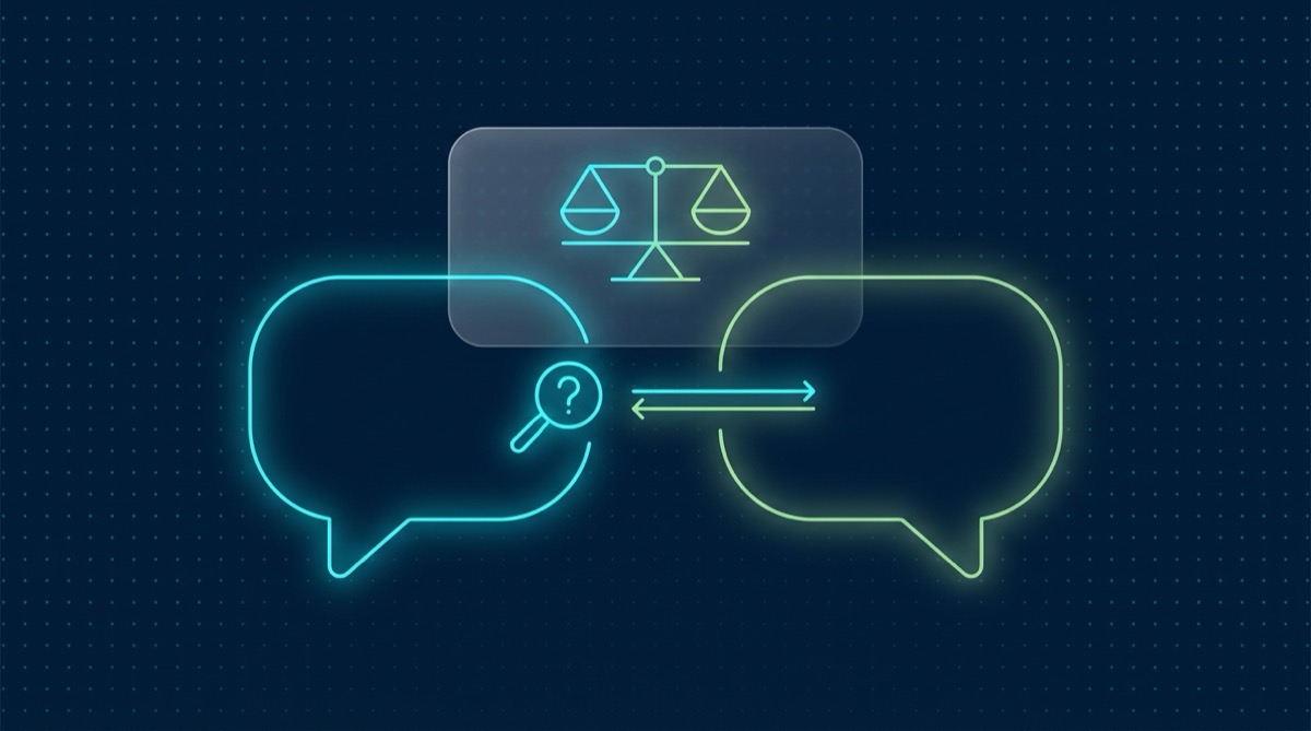 Editorial illustration on deep navy: two glowing outline speech-bubble shapes face each other in mid-conversation — a bright cyan bubble emitting a small magnifying-glass icon toward a dimmer lime-green bubble, connected by a thin, perfectly level double-headed arrow. Behind them, a translucent glassmorphic panel holds a minimal, perfectly level balance-scale icon in cyan and lime — representing the balance between talking and listening that the research finds actually predicts performance, rather than raw confidence or volume.