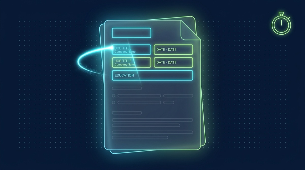 Editorial illustration on deep navy with a faint cyan dot grid: a glowing cyan eye-tracking scan-path traces quickly across six small lit rectangles at the top of a translucent resume-shaped panel — representing name, titles, companies, dates and education — while the dim, still-unlit paragraph lines below remain untouched, with a minimal lime-green stopwatch icon hovering above reading a few seconds.