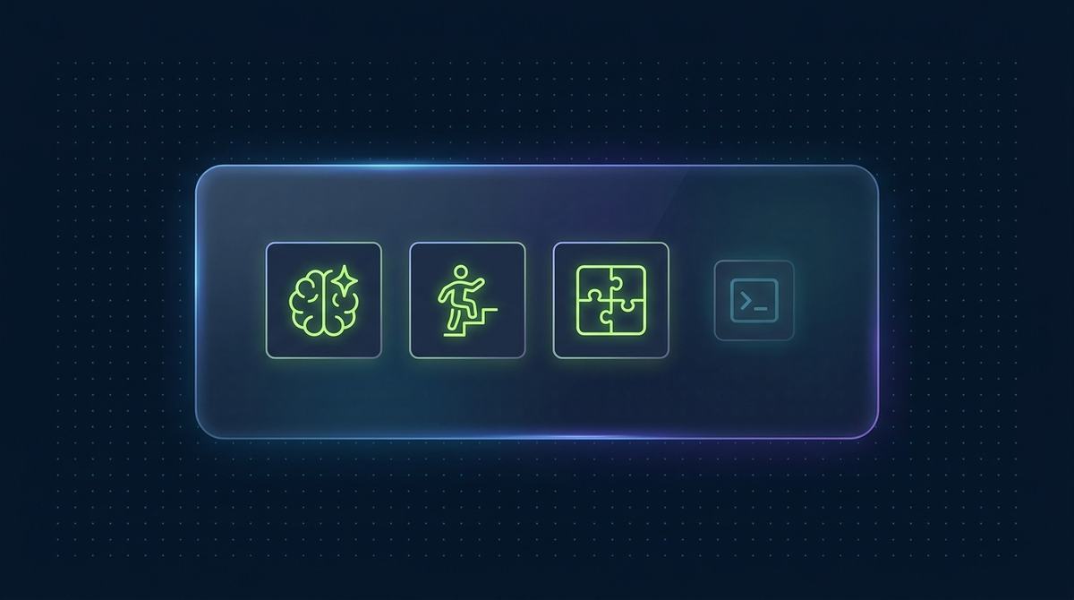 Editorial illustration on deep navy with a faint cyan dot grid: a translucent glassmorphic panel holds four small square outline icon-tiles in a row — a glowing lime-green brain icon, a glowing lime-green upward-step figure icon, and a glowing lime-green interlocking puzzle-piece icon, with a fourth tile holding a code-bracket icon rendered noticeably smaller and dimmer in muted cyan, visually de-emphasized against the other three — representing coding knowledge weighted least among four hiring attributes.