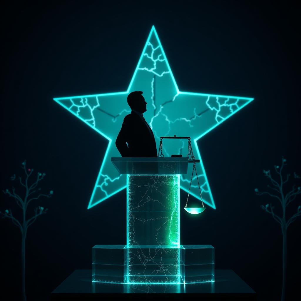 A silhouetted senior executive at a glowing translucent podium of decision-tree pathways with a cracked STAR shape behind and a bright cyber-green judgment scale rising in the foreground on a deep navy background.